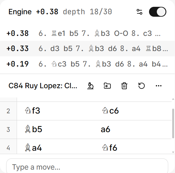 The board page's engine card: three candidate lines with their evaluations, the opening's name and code, the move list, and the move box