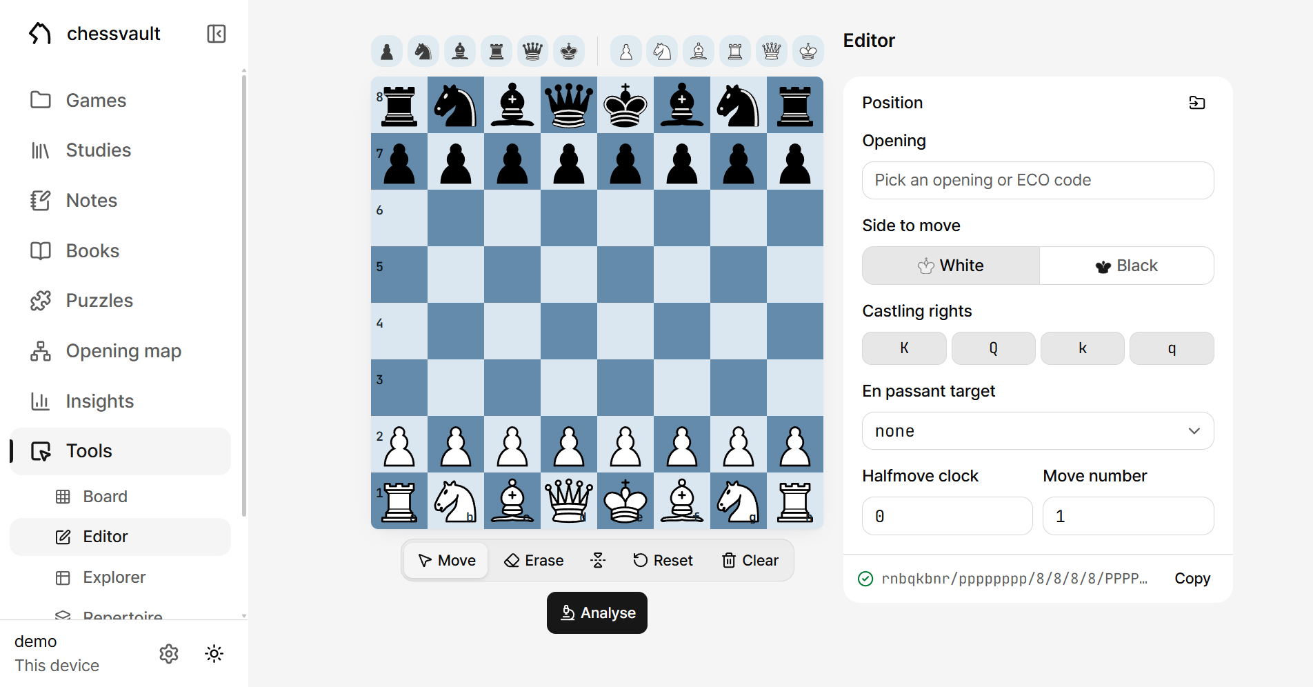 The editor: the piece palette, the mode toolbar, and the position details panel