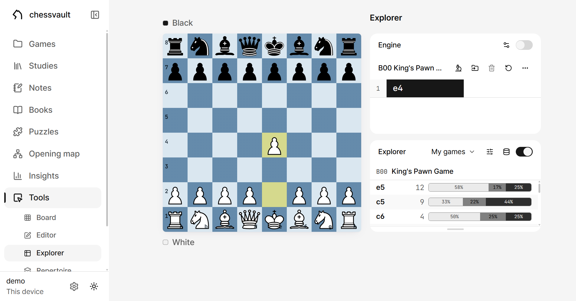 The explorer after 1. e4: the opening name and the reply table with result bars