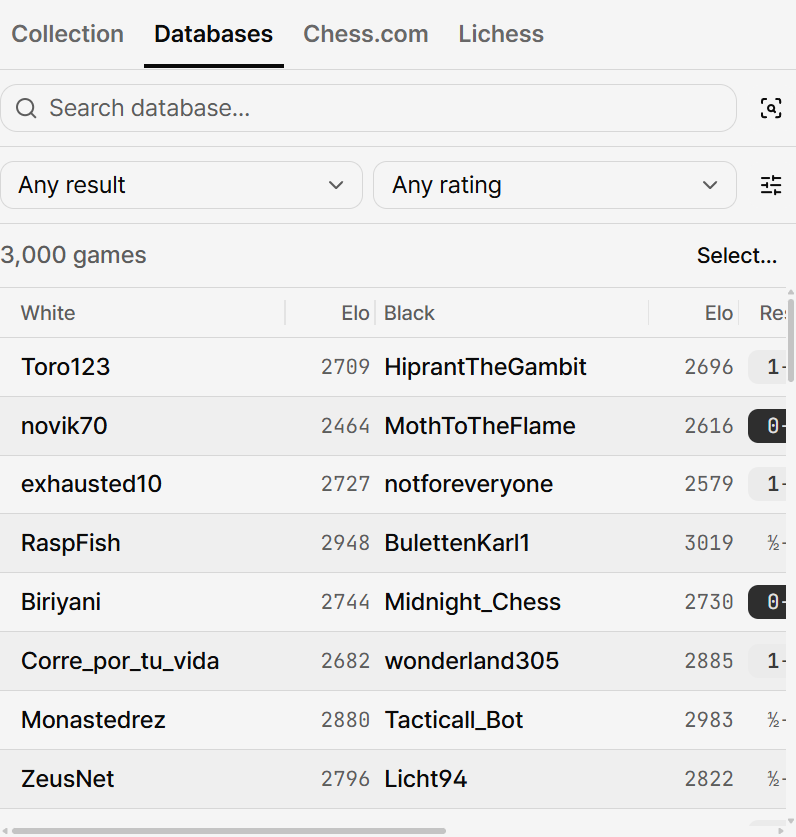 The Games page's Databases tab: the search box, the result and rating filters, and the table of a 3,000-game reference database