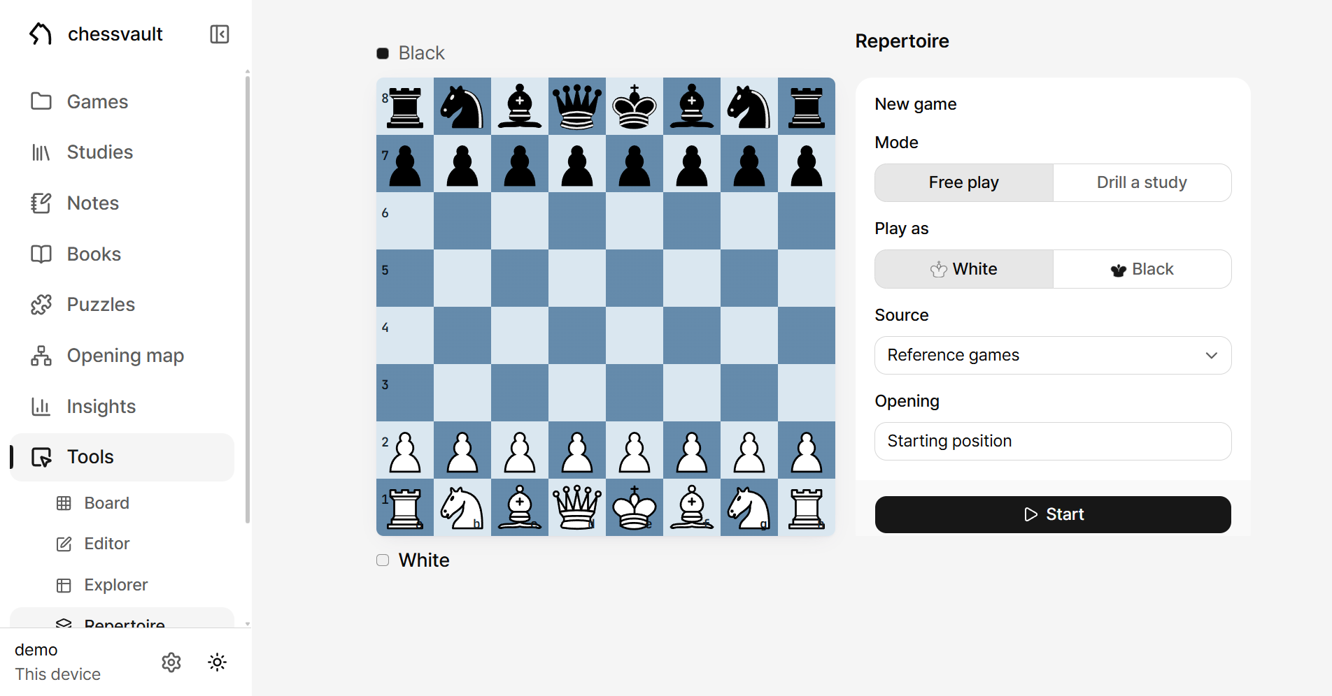 The repertoire trainer's New game form